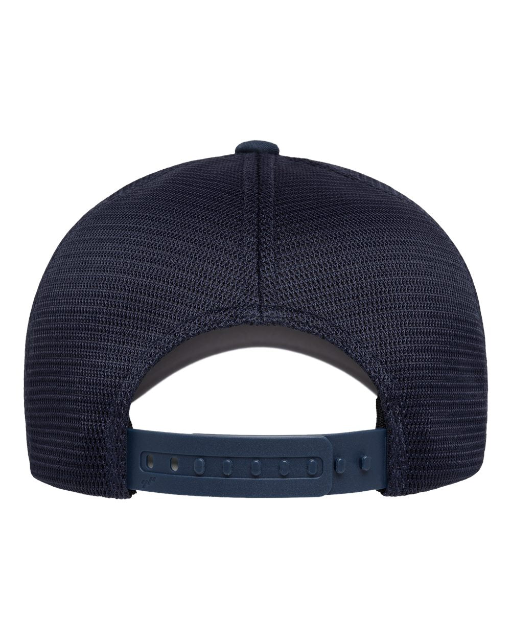Rear view of a navy blue trucker hat with a structured mesh front and an adjustable snapback closure.