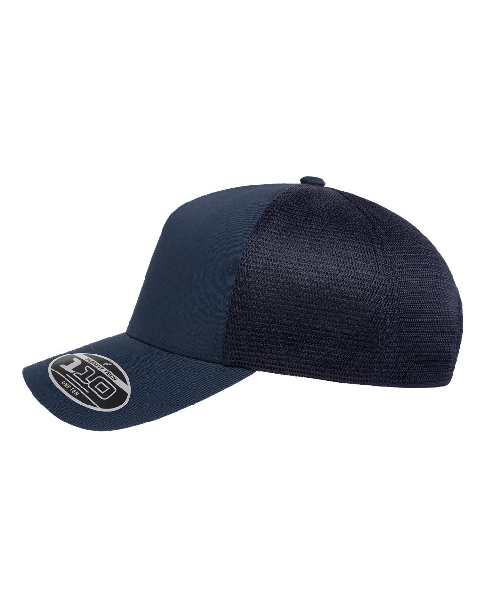 A navy blue trucker-style baseball cap with a solid front panel and a textured mesh back, featuring a circular black and white logo patch on the brim.