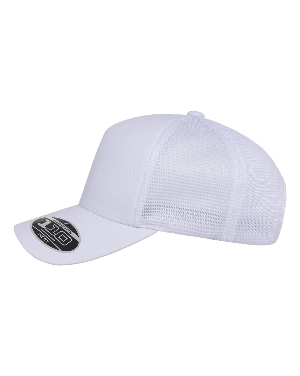 A white trucker-style baseball cap with a white mesh back and a white curved brim, featuring a black oval sticker on the brim.