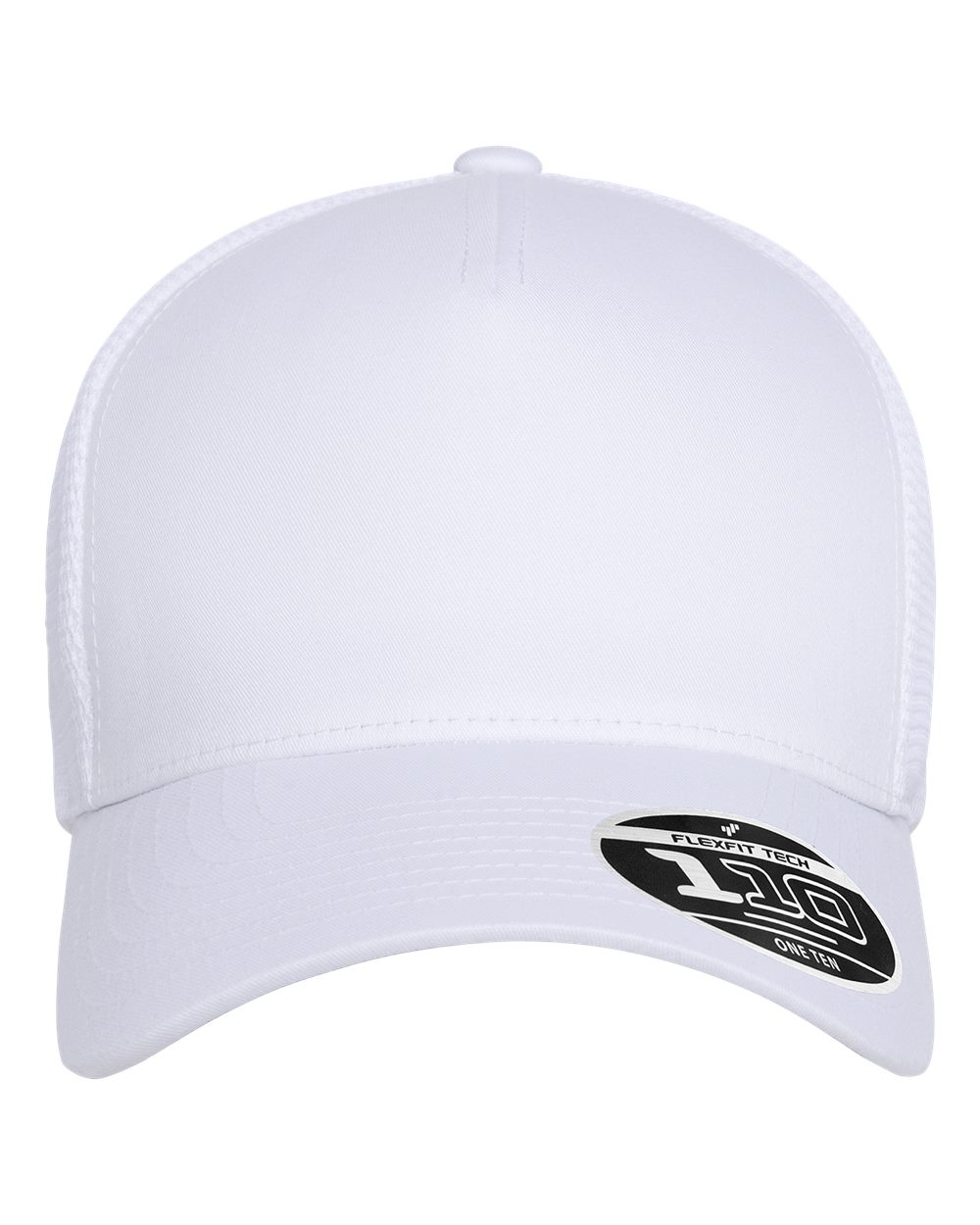 A white structured baseball cap with a curved brim, featuring a black and white oval patch 