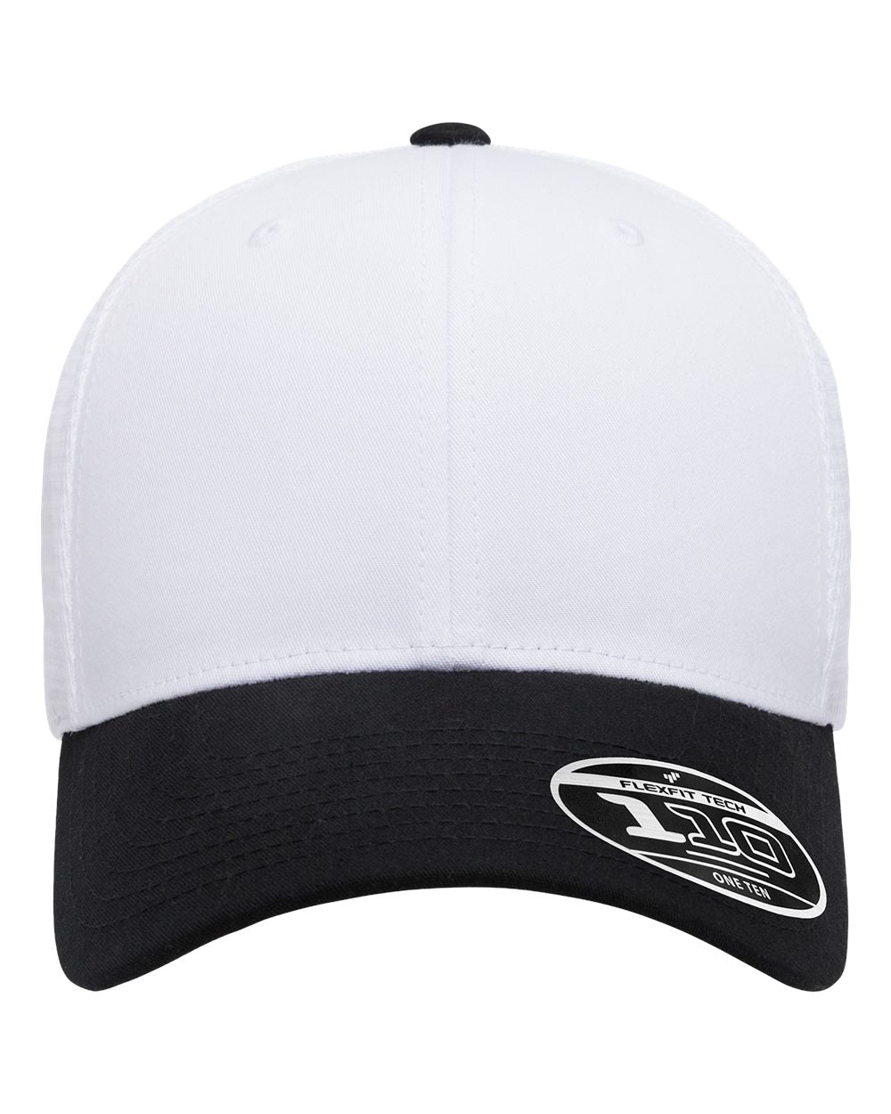 White and black cap with a brand logo on a white background