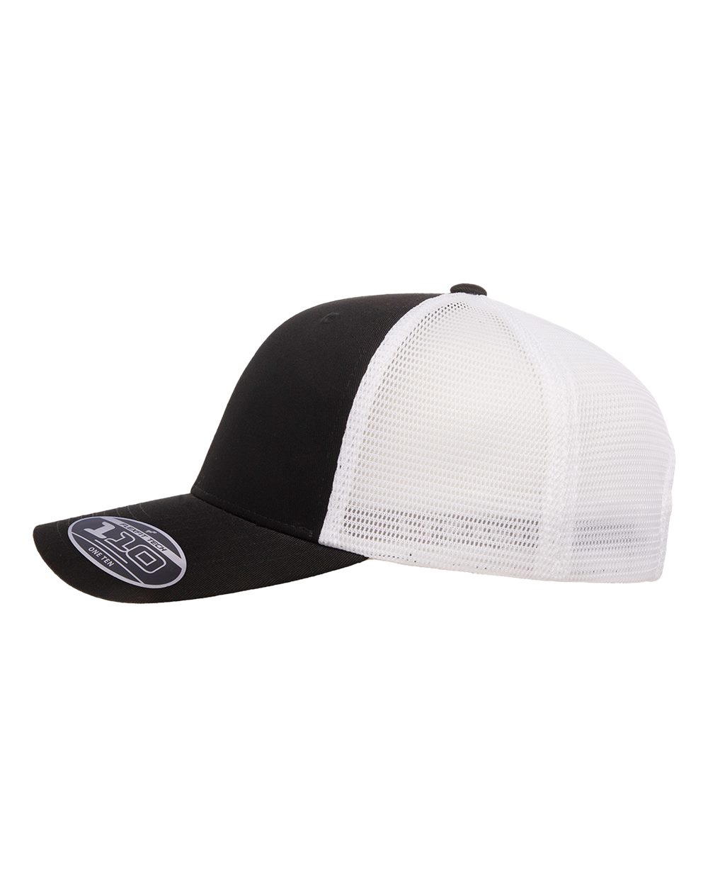 A black and white trucker cap with a solid black front panel and brim, and a white mesh back, shown on a plain white background.