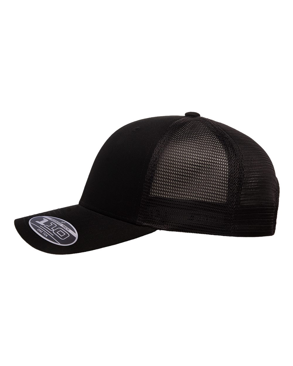 Black mesh cap with a brand logo on a white background