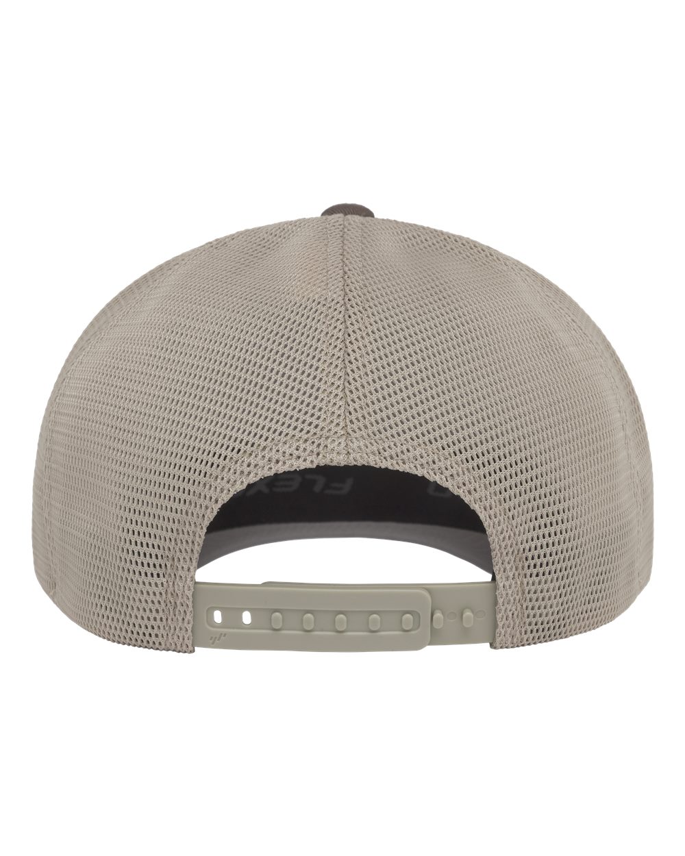 Beige Flexfit 110M trucker cap with a breathable mesh back and adjustable snapback closure.