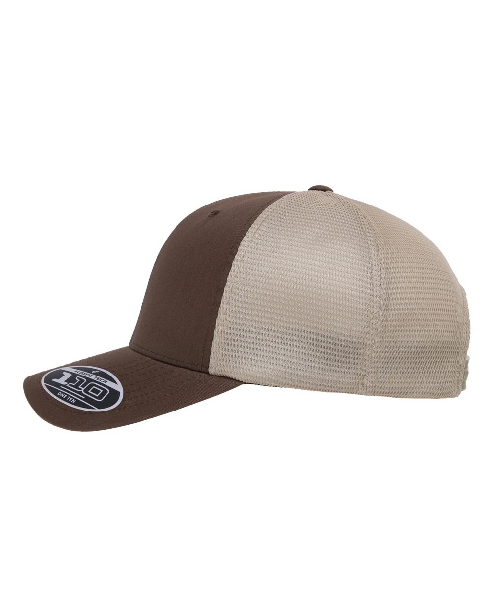 Brown and beige Flexfit 110M trucker cap with a curved brim and breathable mesh back panels.