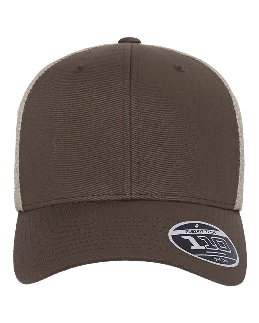 Brown and beige Flexfit 110M trucker cap with a curved brim and breathable mesh side and back panels.
