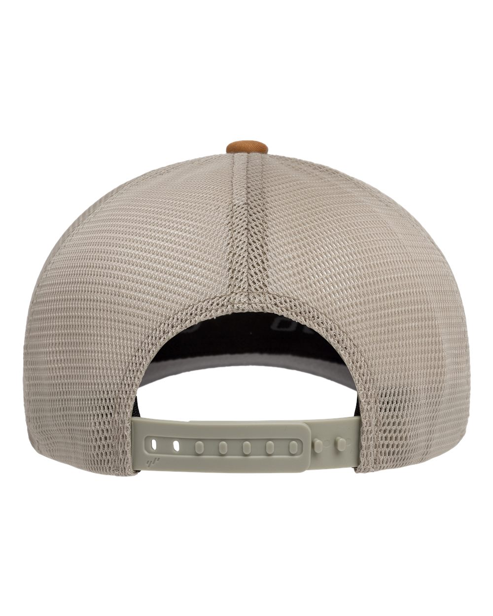 Beige Flexfit 110M trucker cap with a breathable mesh back and adjustable snapback closure.