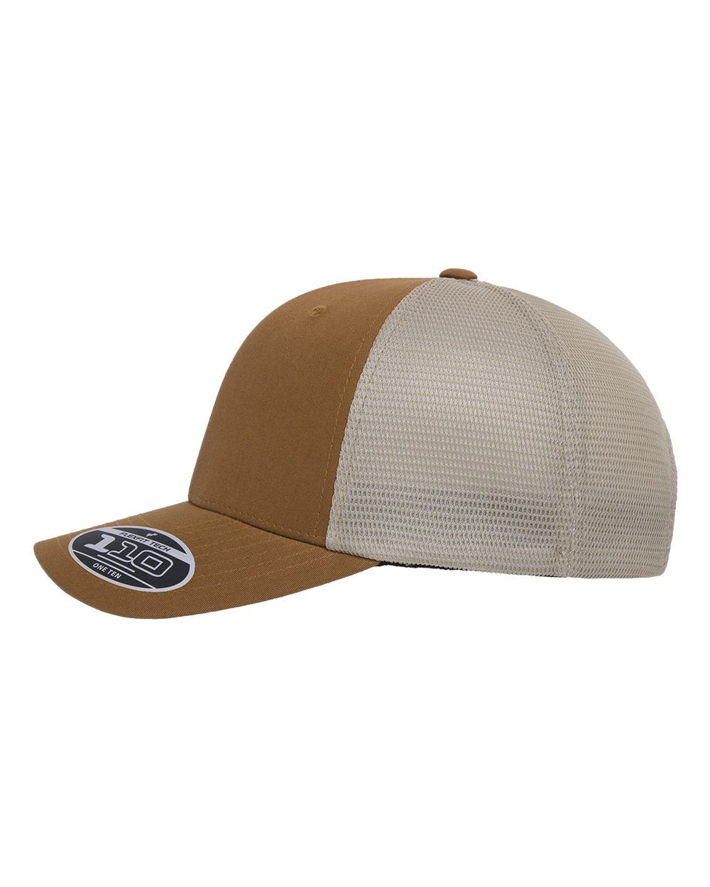 Brown and beige Flexfit 110M trucker cap with a curved brim and breathable mesh back panels.