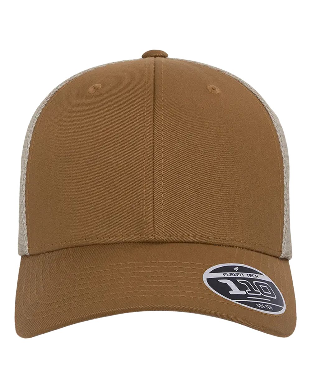 Brown Flexfit 110M trucker cap with a curved brim and breathable mesh side and back panels.