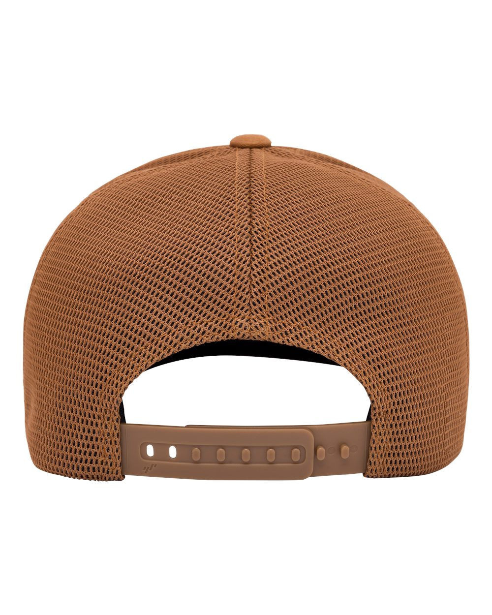 Brown Flexfit 110M trucker cap with a breathable mesh back and adjustable snapback closure.