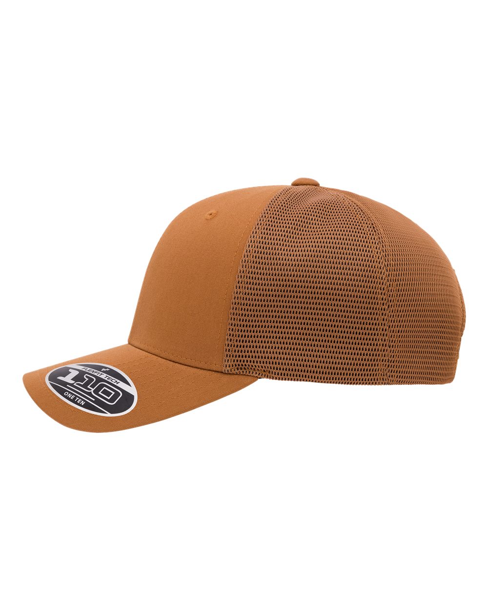Brown Flexfit 110M trucker cap with a curved brim and breathable mesh back panels.