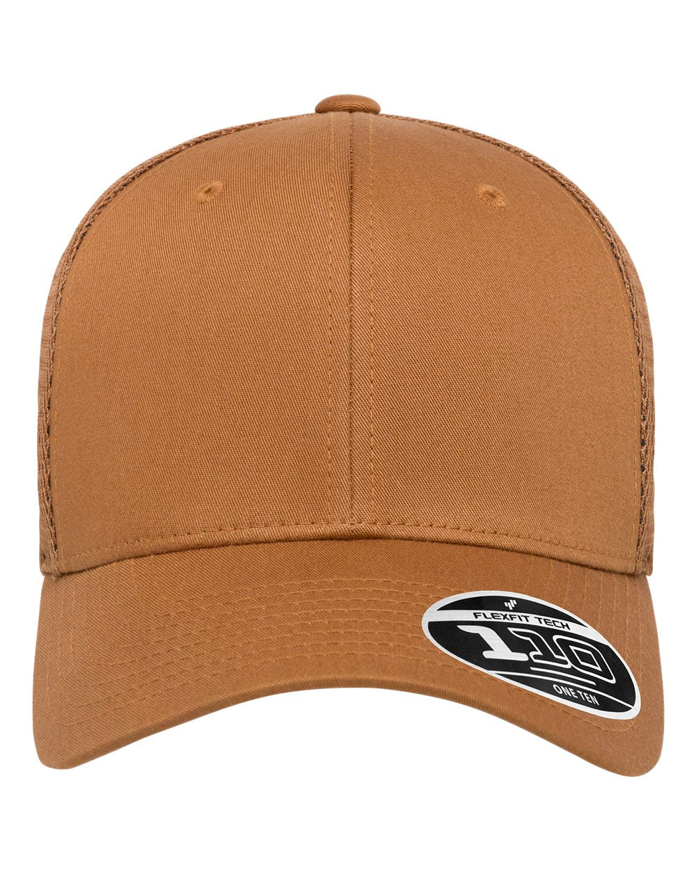 Brown Flexfit 110M trucker cap with a curved brim and breathable mesh side and back panels.