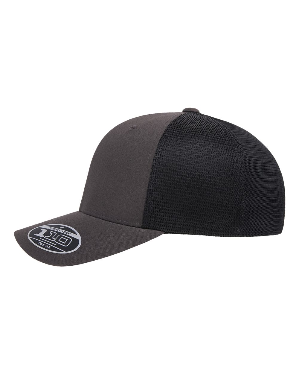Gray and Black Flexfit 110M trucker cap with a curved brim and breathable mesh back panels.