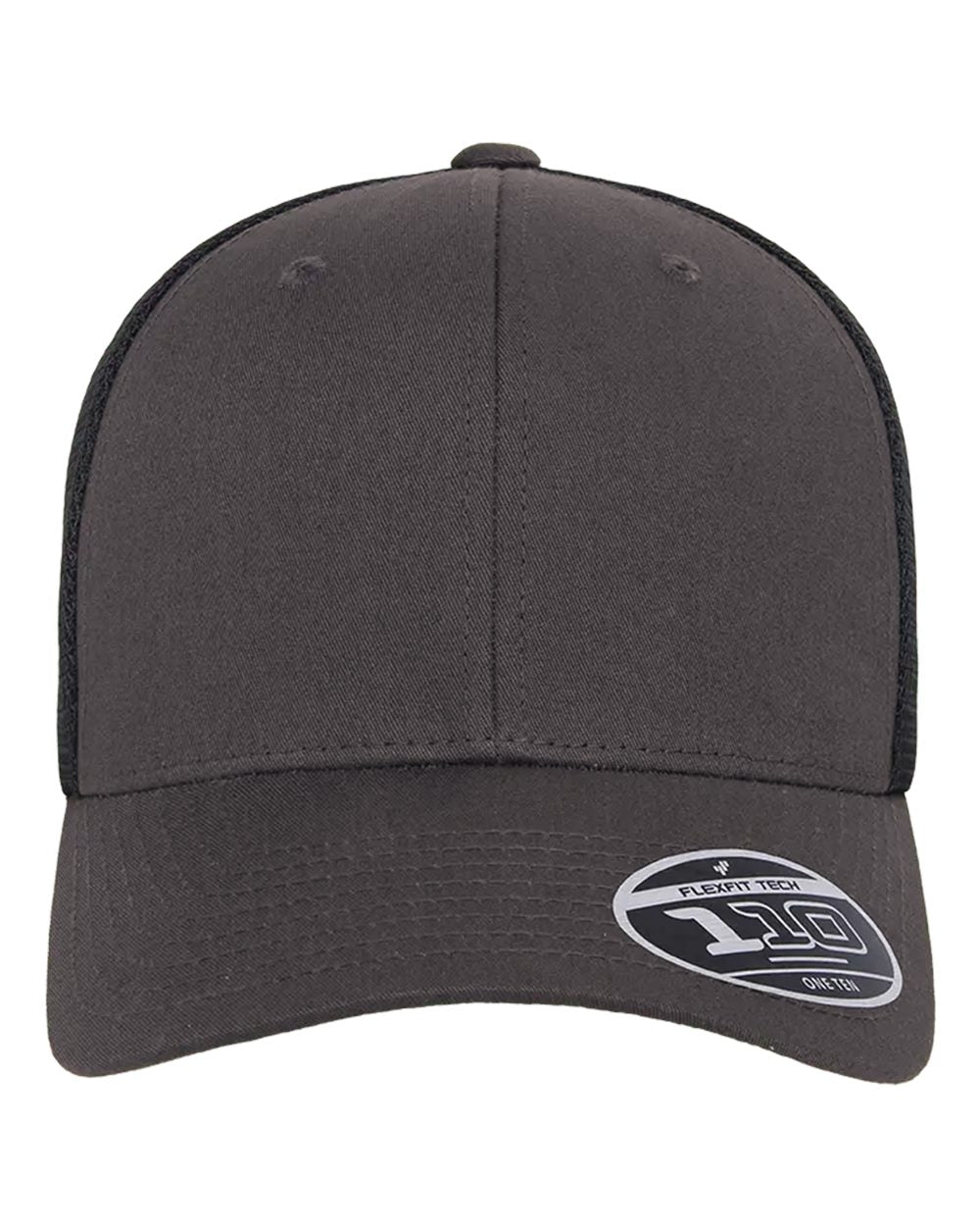 Gray and Black Flexfit 110M trucker cap with a curved brim and breathable mesh side and back panels.