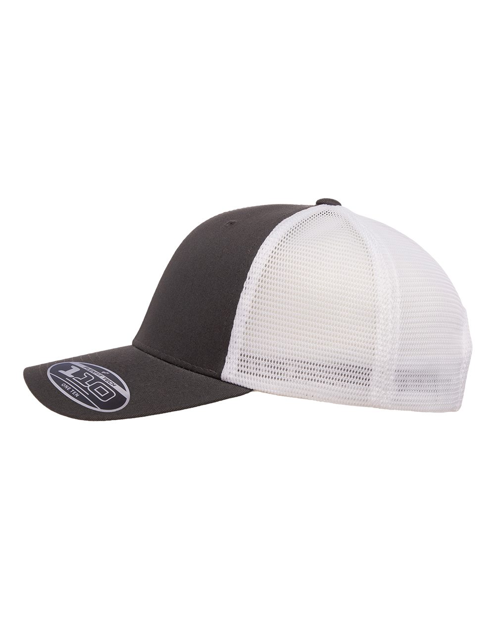 A gray and white trucker-style baseball cap with a solid black front panel and brim, and a white mesh back.