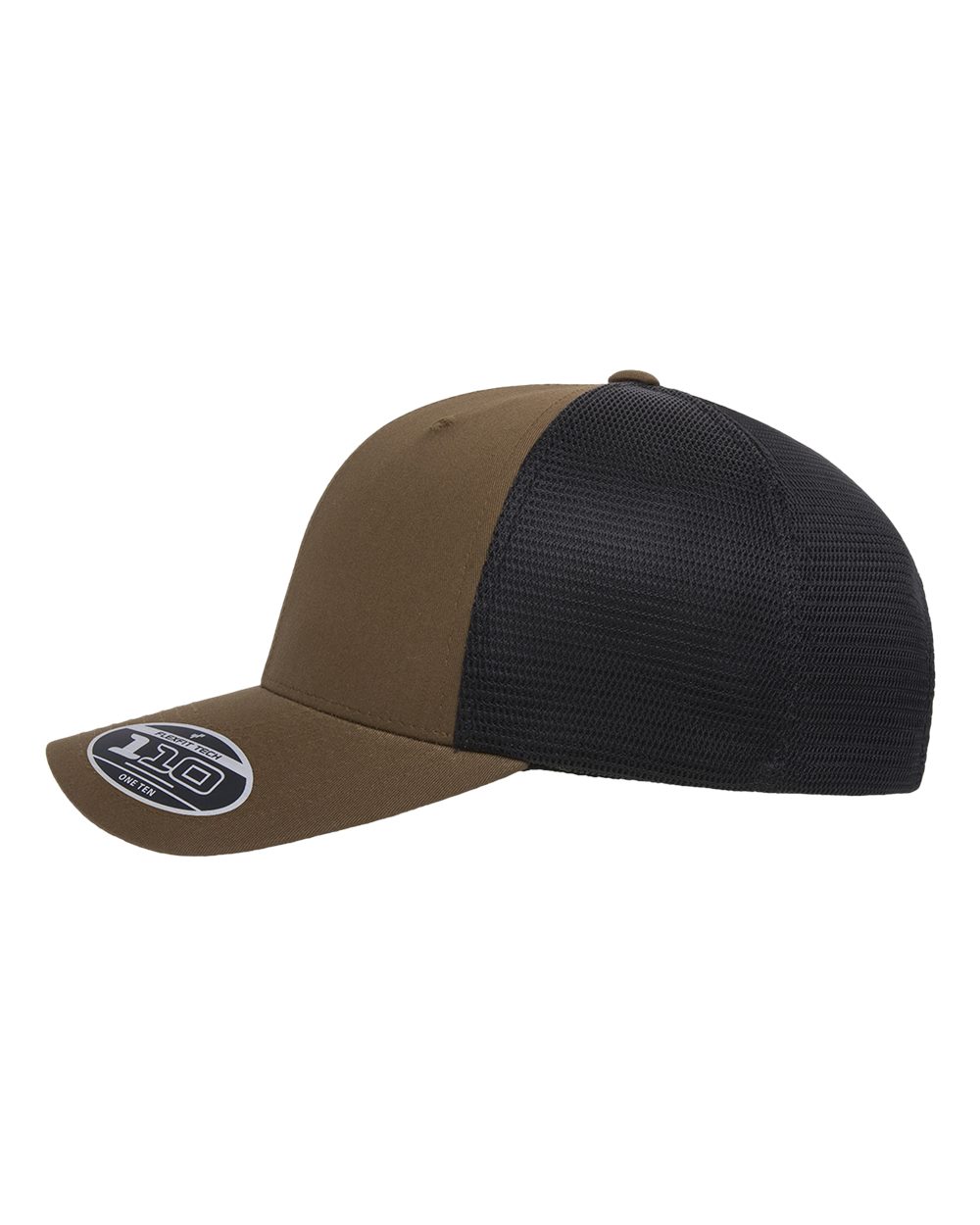 Brown and black cap with a logo on a white background
