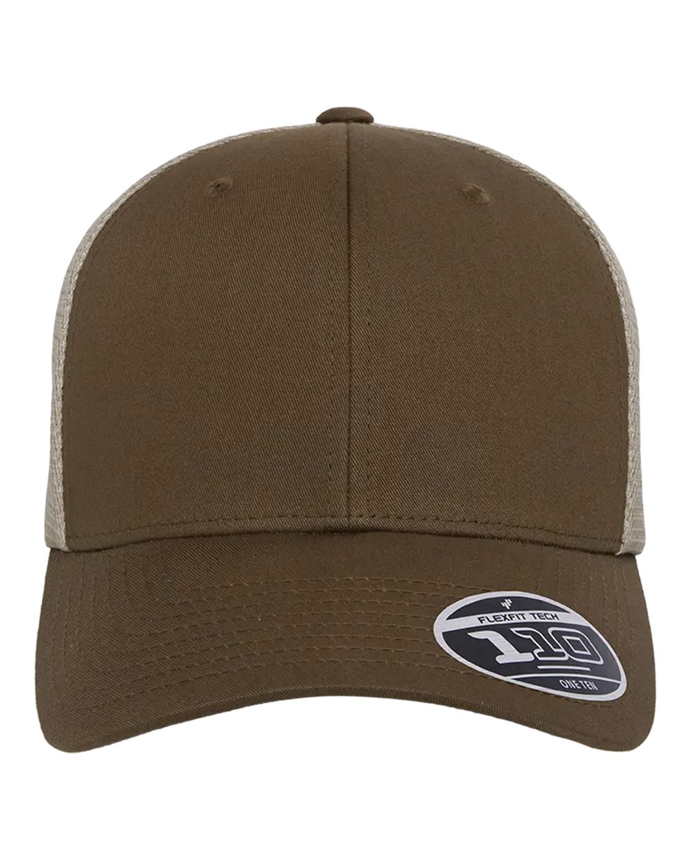 Brown and beige cap with a logo on a white background