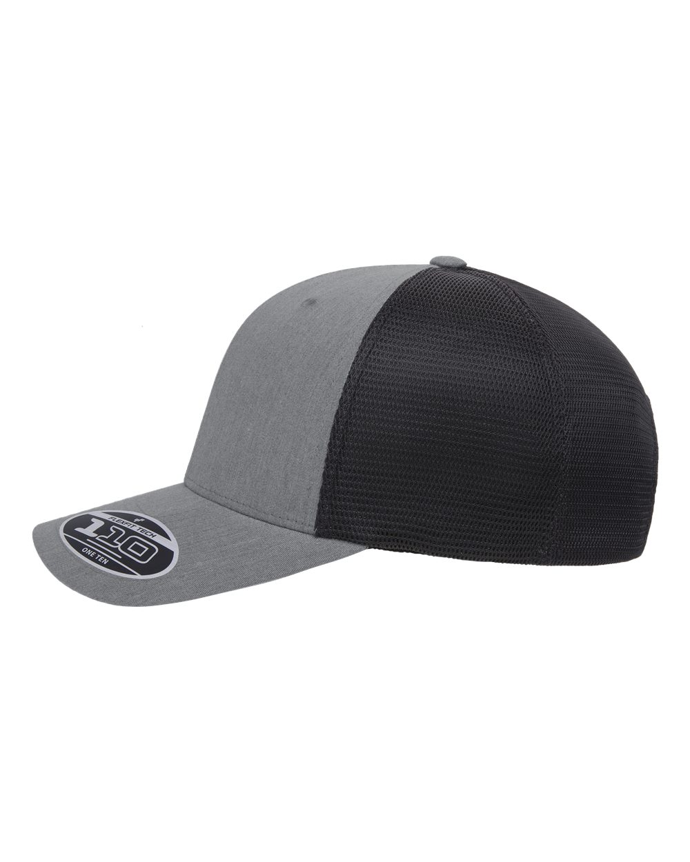 Gray and black cap with a brand logo on a white background