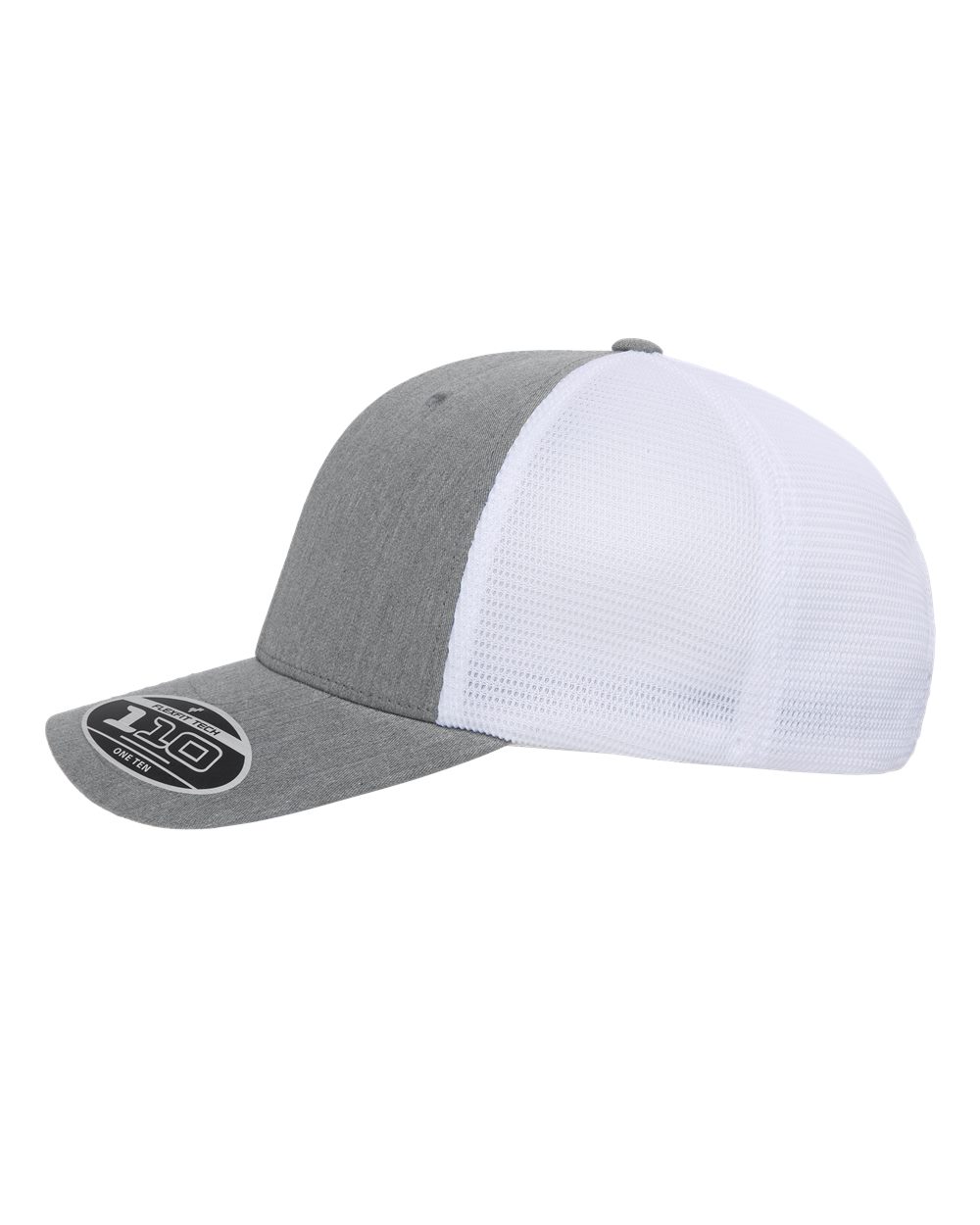 Gray and white cap with a brand logo on a white background
