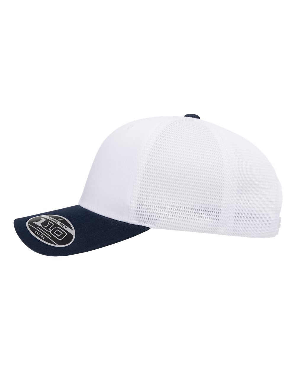 White and navy trucker cap on a white background