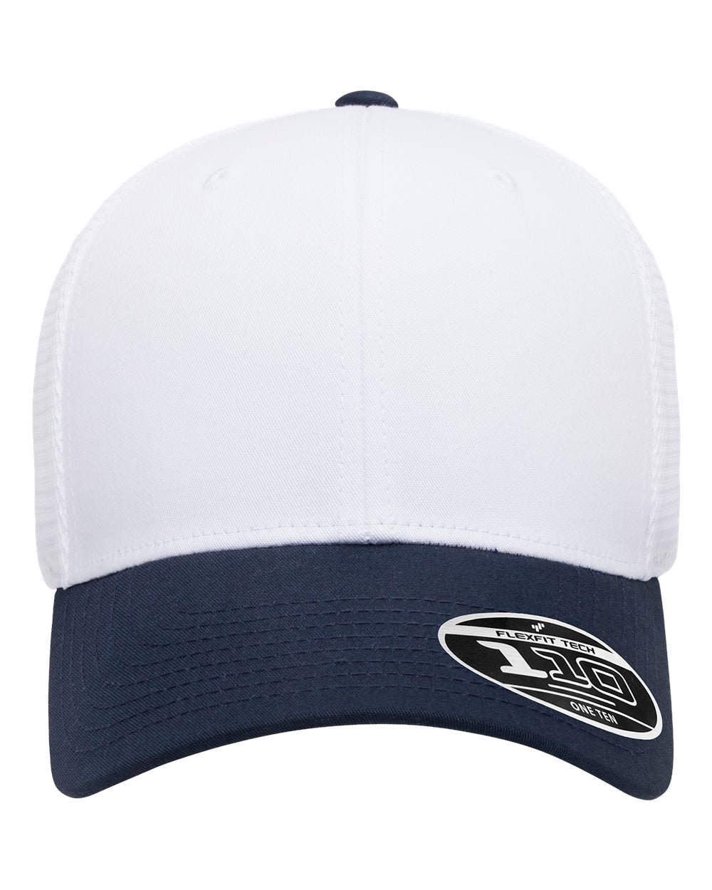 White and navy baseball cap with a logo on a white background