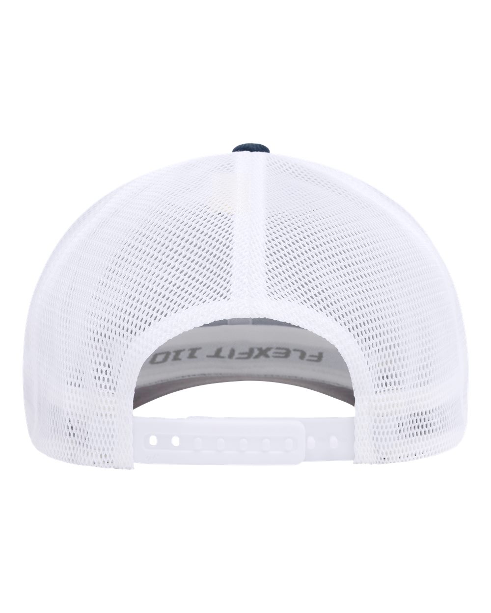 White mesh cap with Flexfit logo on a white background