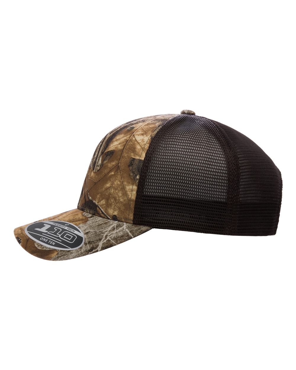 Camouflage baseball cap with black mesh back on a white background