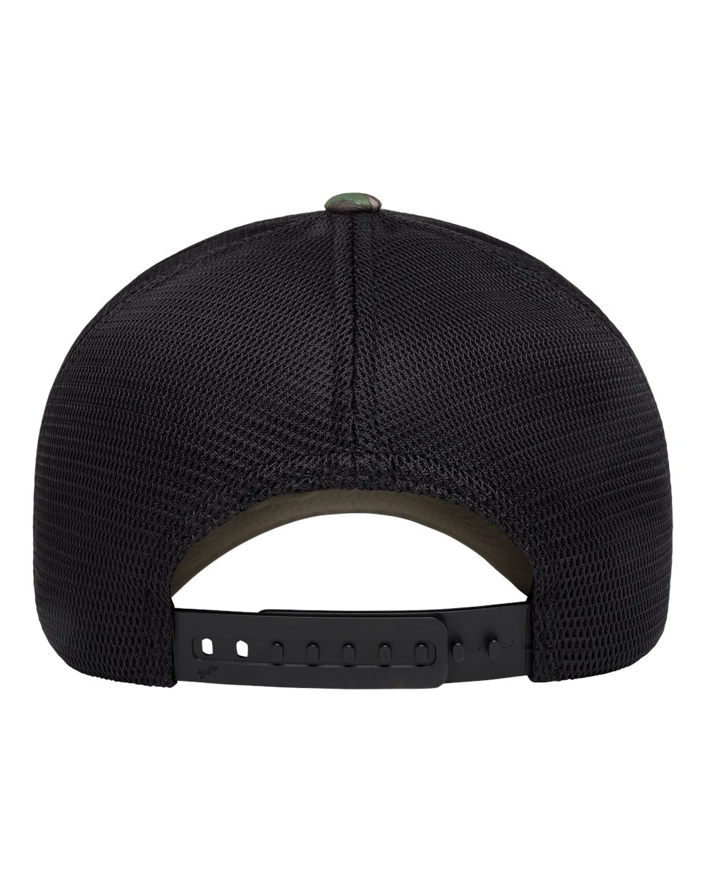 Black mesh cap with a camouflage button.