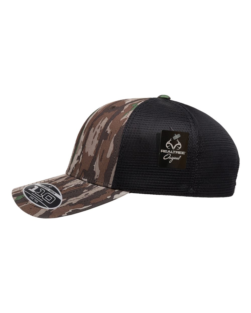 Camouflage and black baseball cap with a brand logo.