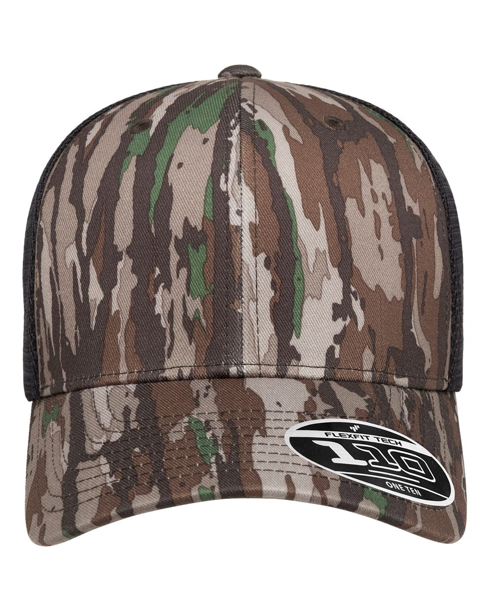 Camouflage baseball cap with a brand logo.