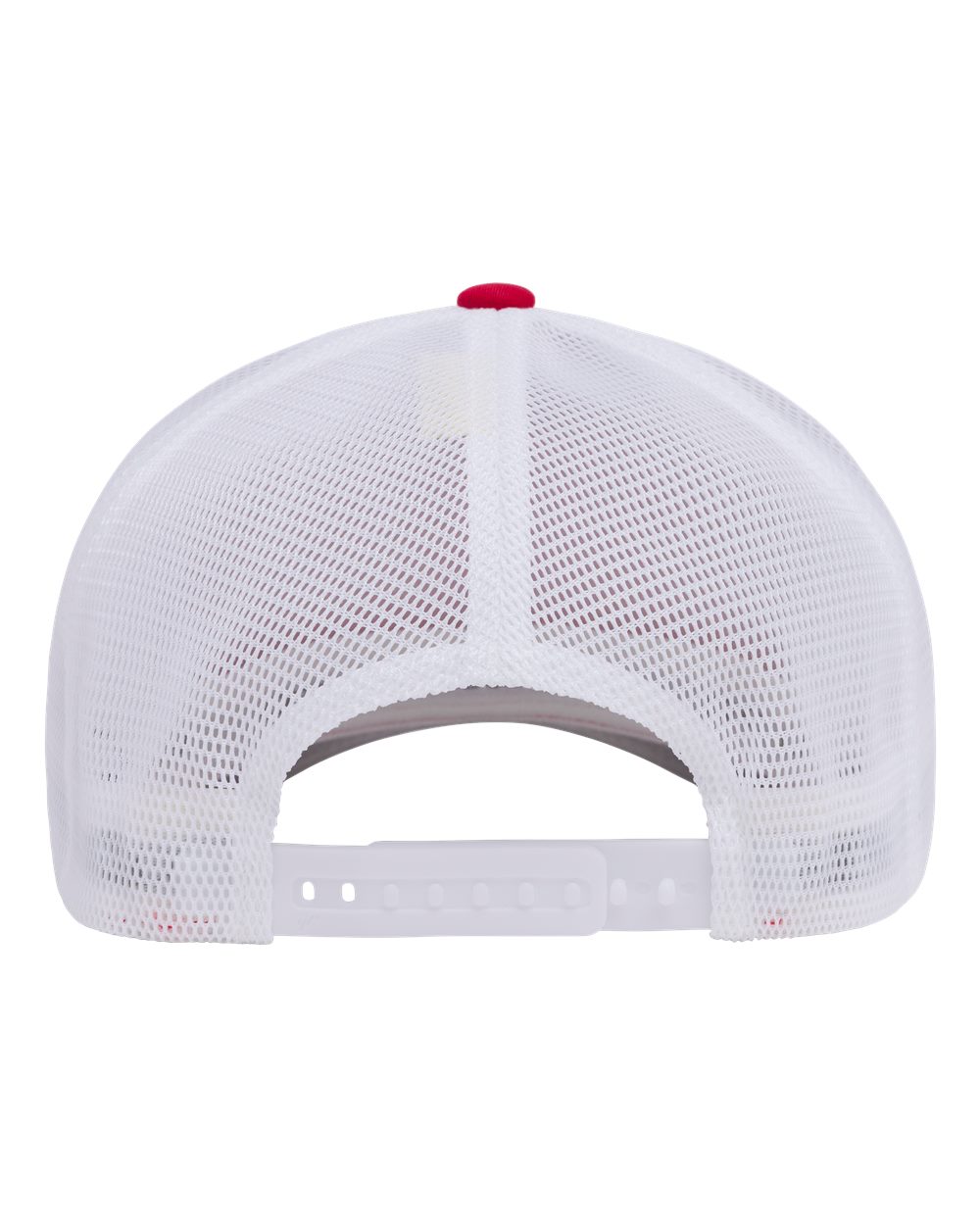 Red and white Flexfit 110M trucker cap with a breathable mesh back and adjustable snapback closure.