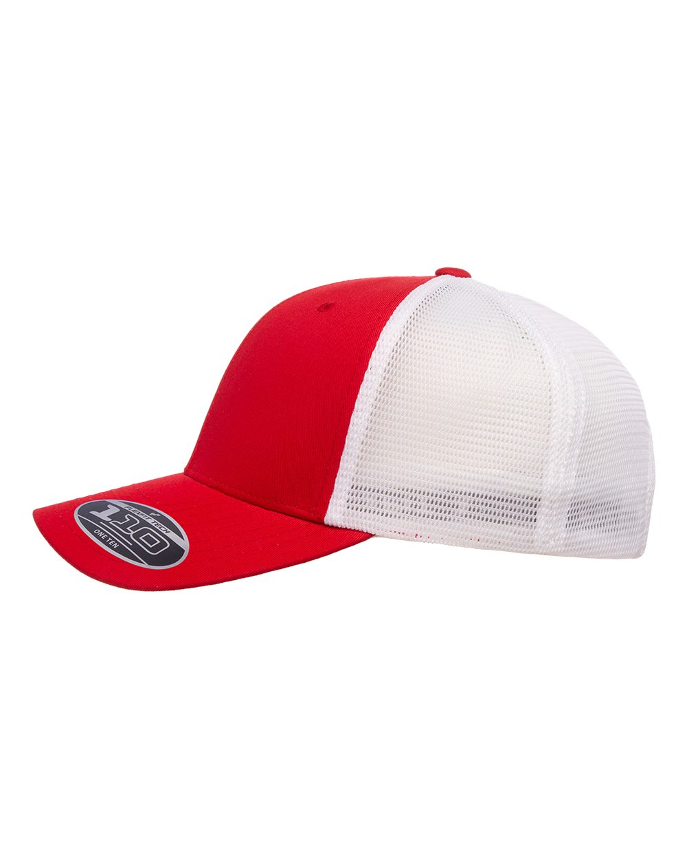 Red and white Flexfit 110M trucker cap with a curved brim and breathable mesh back panels.