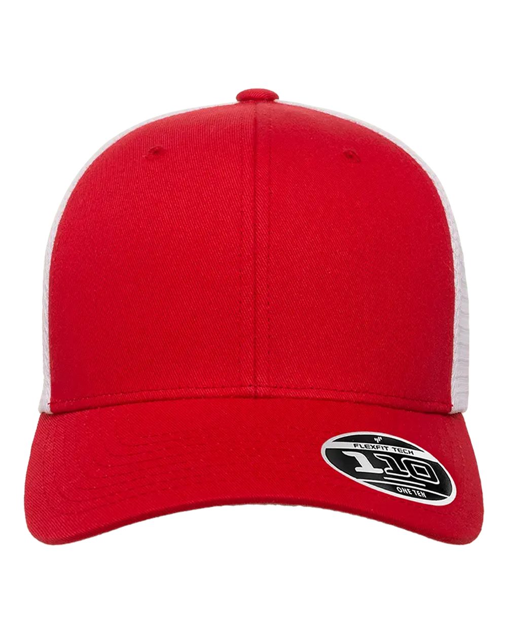 Red and white Flexfit 110M trucker cap with a curved brim and breathable mesh side and back panels.