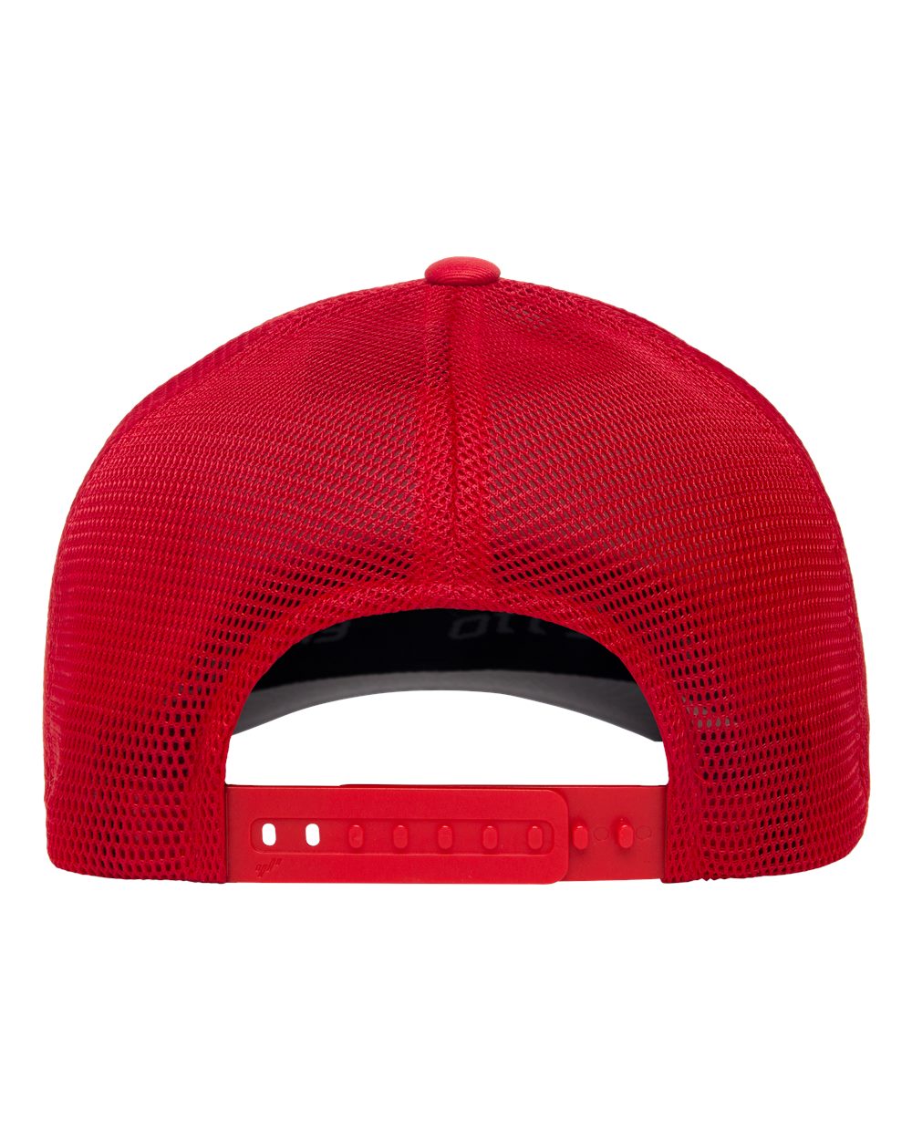 Red Flexfit 110M trucker cap with a breathable mesh back and adjustable snapback closure.