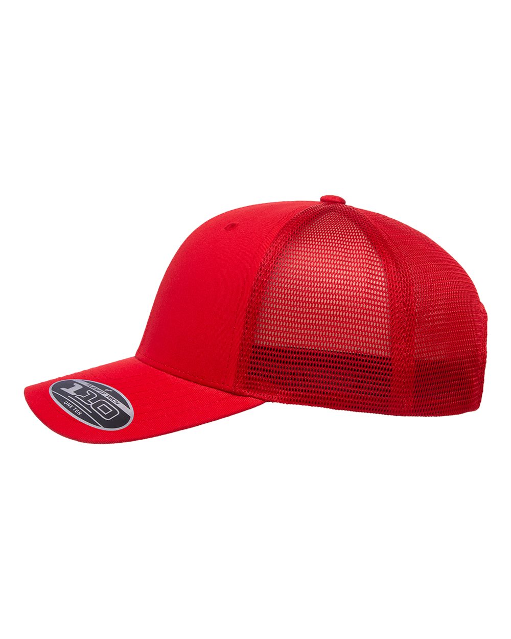 Red Flexfit 110M trucker cap with a curved brim and breathable mesh back panels.