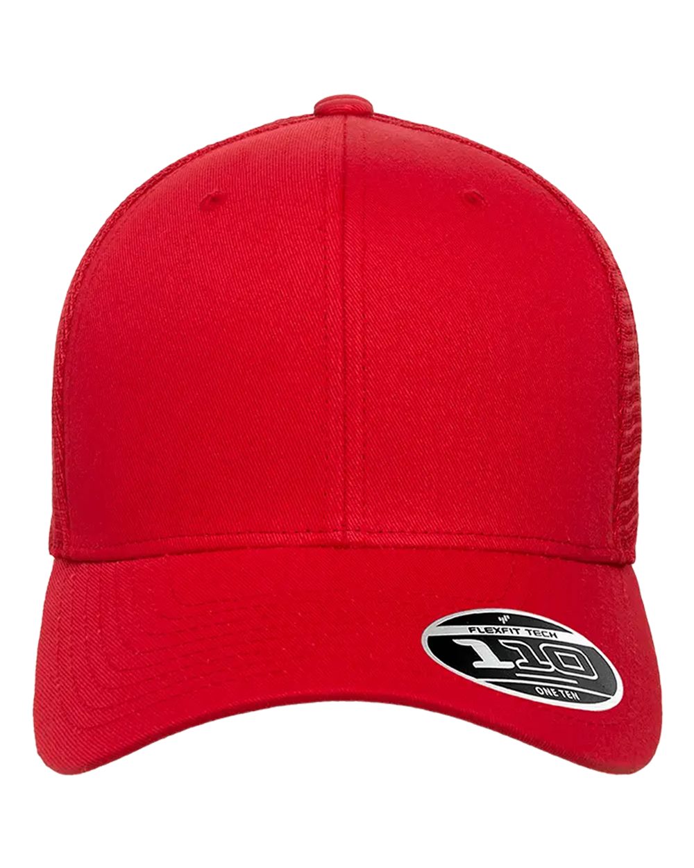 Red Flexfit 110M trucker cap with a curved brim and breathable mesh side and back panels.
