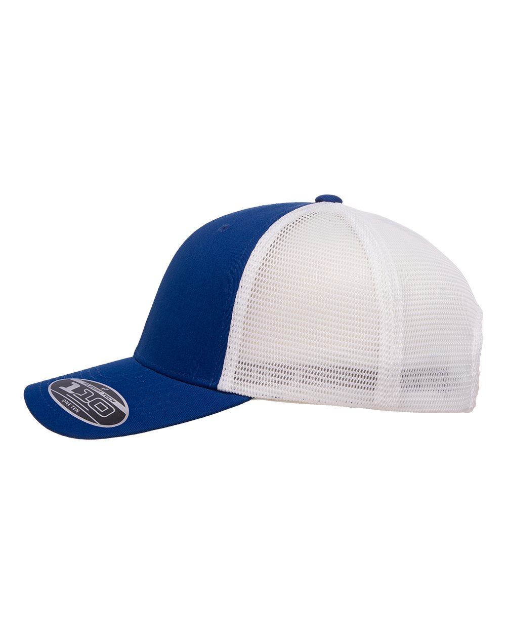 Blue and white cap with mesh back on a white background