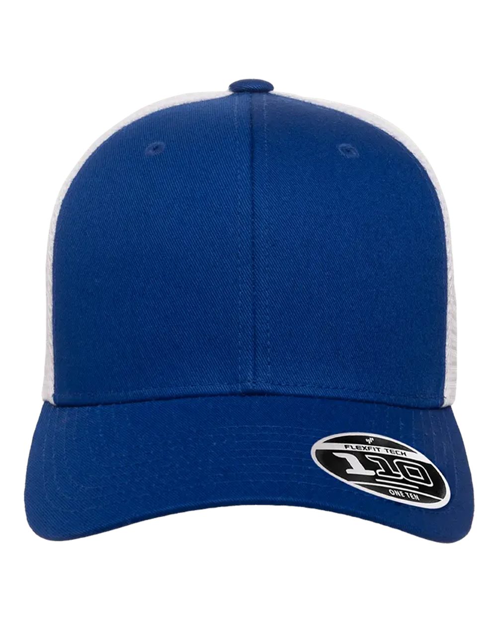 Blue and white cap with a Flexfit label on a white background