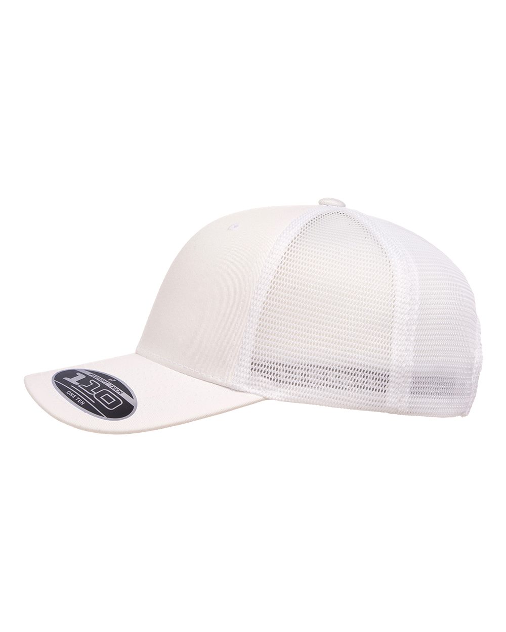 White mesh cap with a brand logo on a white background