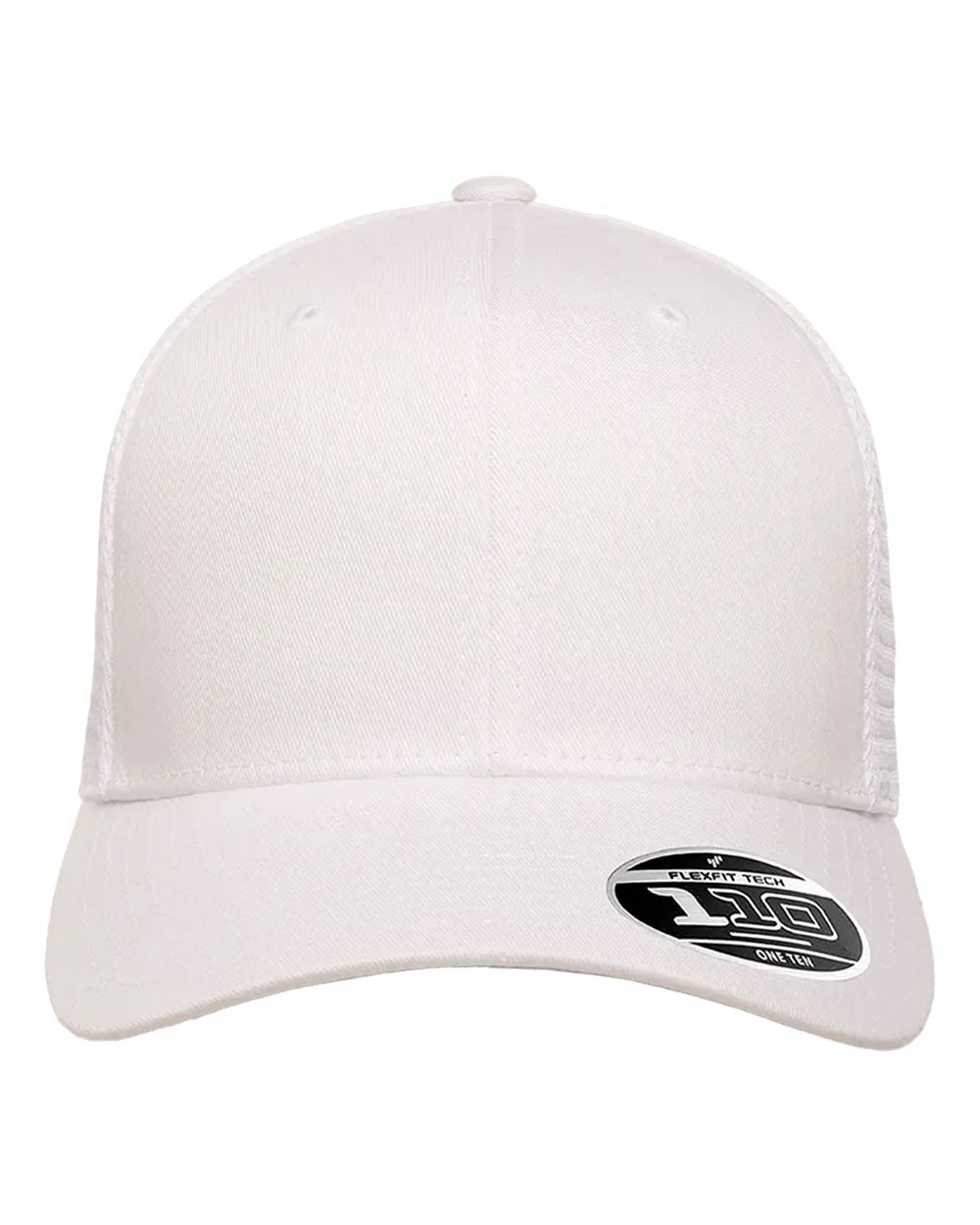 Front view of a white cap with a brand logo on it