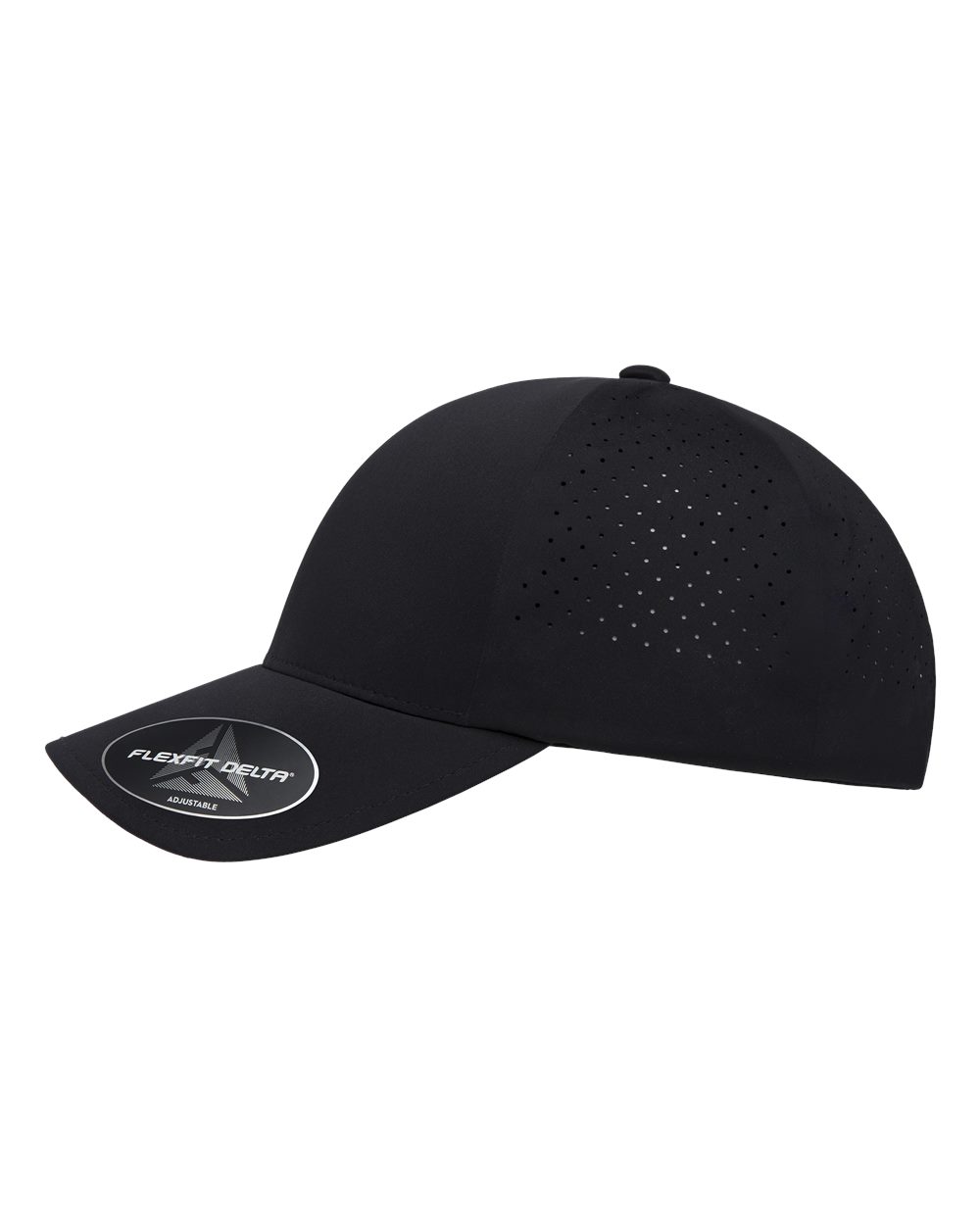 Black baseball cap with a brand logo on a white background