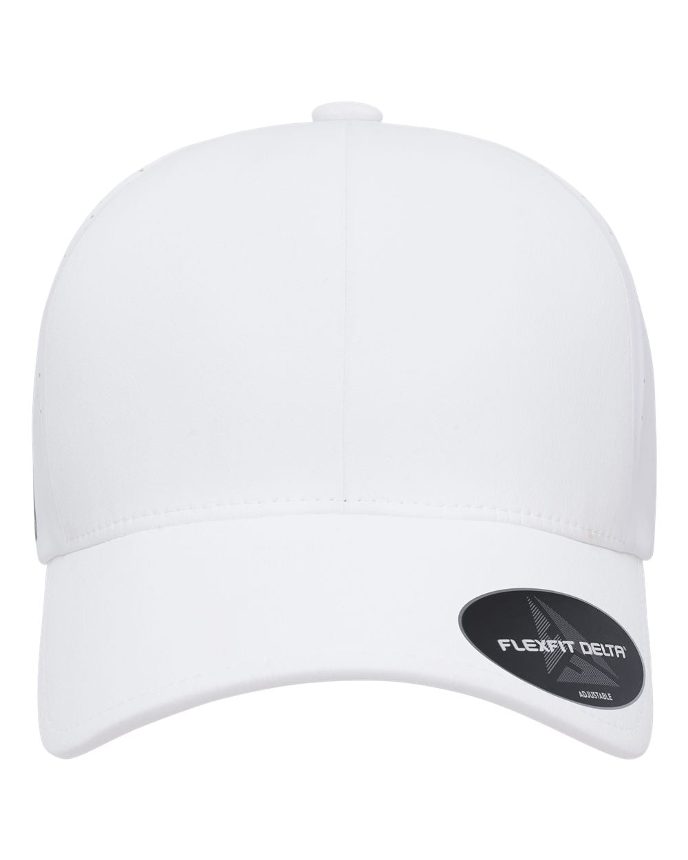 A white structured baseball cap with a curved brim, featuring a black oval Flexfit Detr brand patch on the side, set against a plain white background.