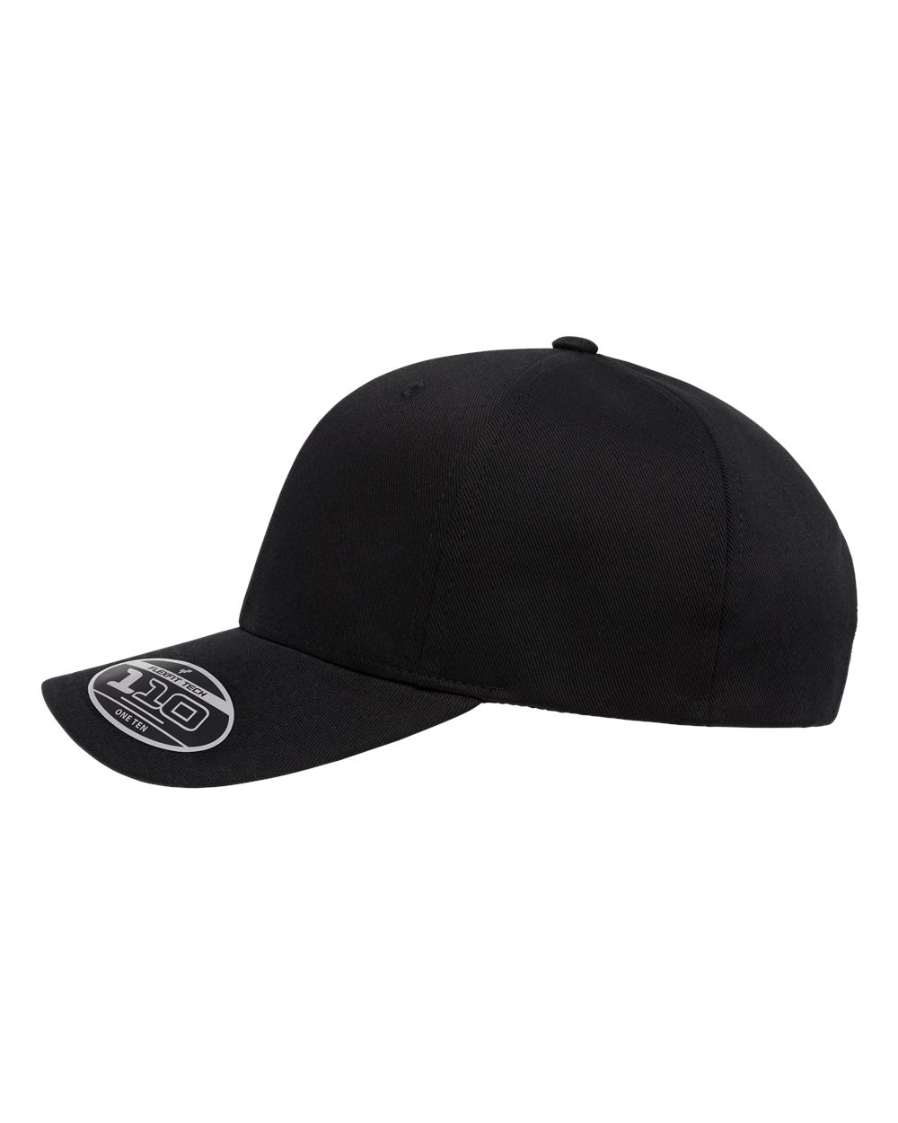 Side view of black baseball cap with a logo on a white background