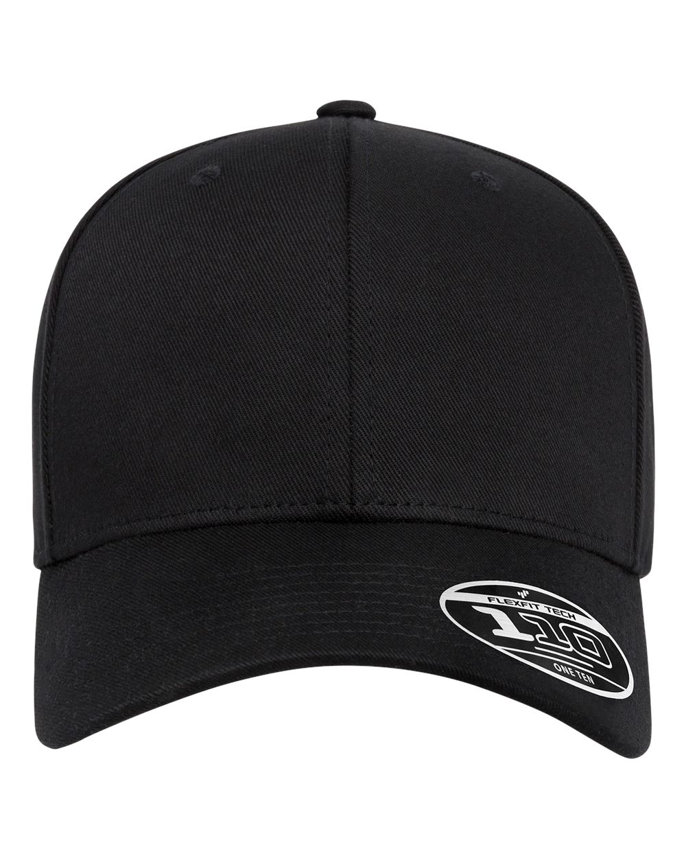 Front view of black baseball cap with a brand logo on a white background