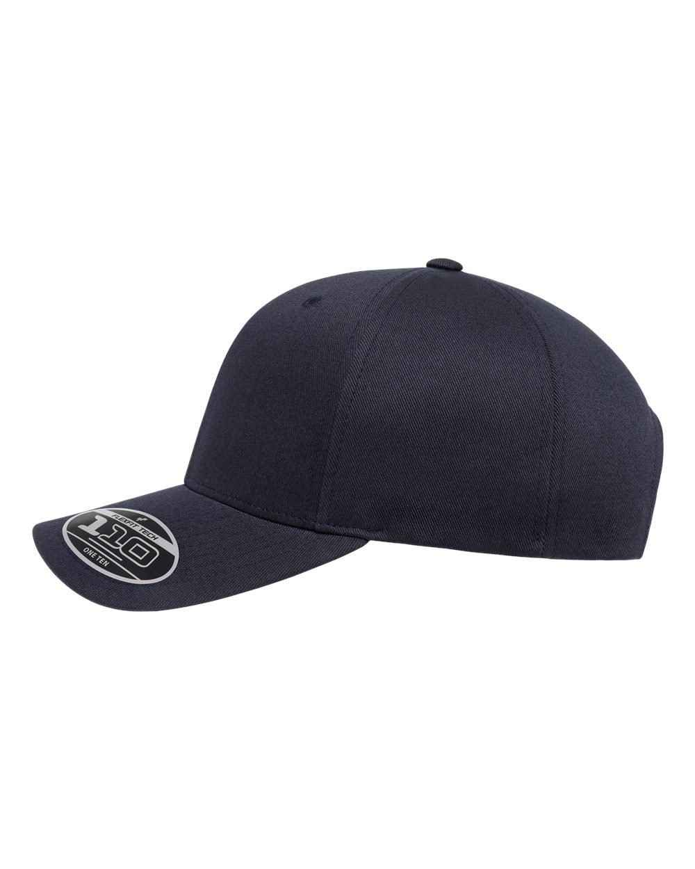 Side view of dark navy baseball cap with a logo on a white background