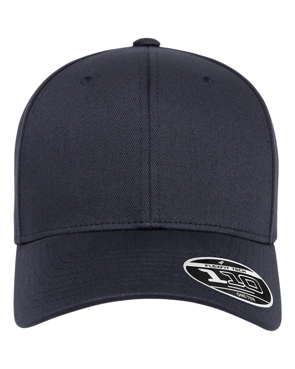 Front view of dark navy baseball cap with a logo on a white background