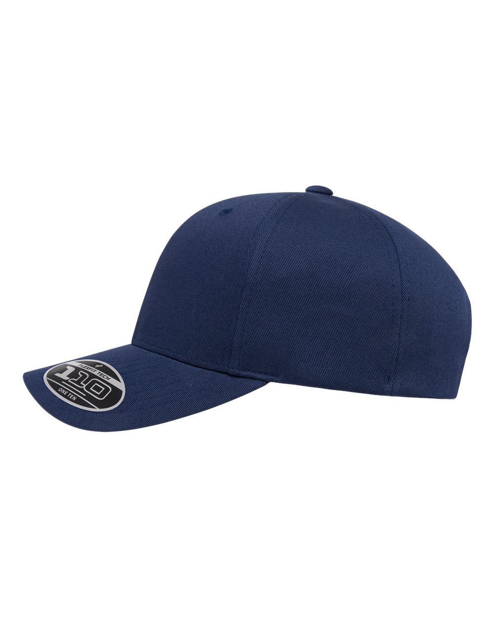 Side view of a navy baseball cap with a logo 