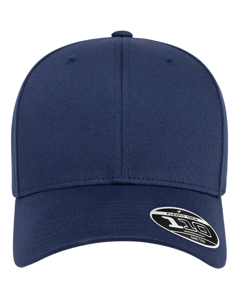 Front view of a navy baseball cap with a logo