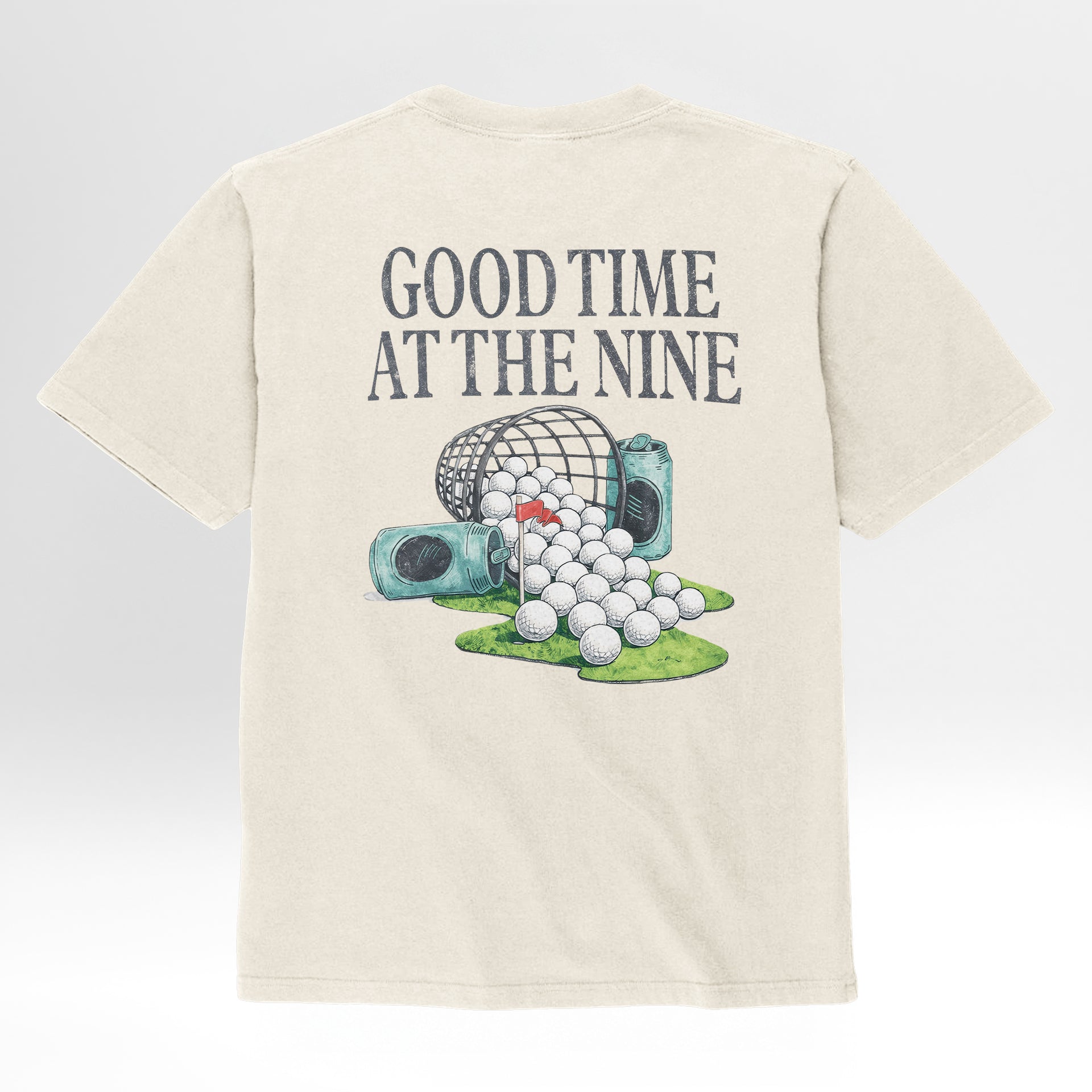 Beige t-shirt with golf-themed graphic and text 'Good Time at the Nine'.