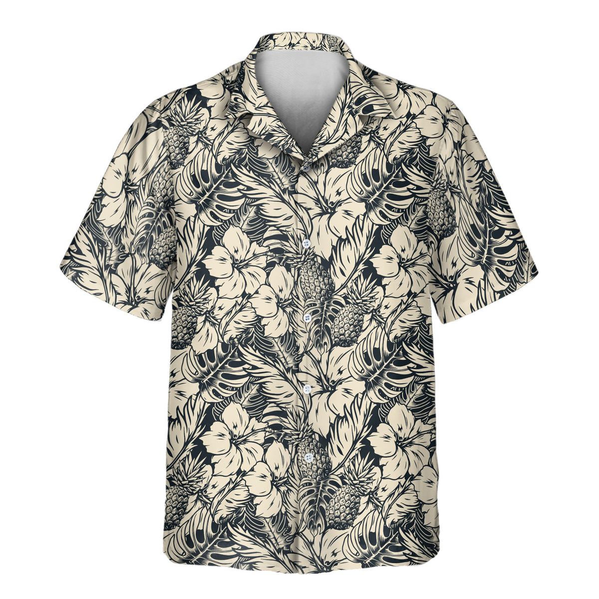 Custom Tropical Garden Elegance Aloha shirt featuring a monochrome tropical botanical, hibiscus, pineapple, and leaf pattern.